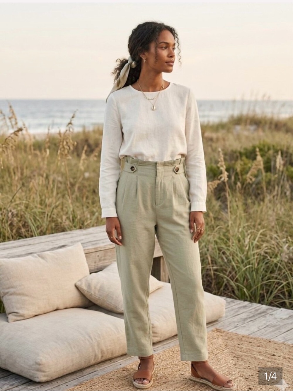 SANS SOUCI Green Linen Blend High Waisted Pleated Trousers Button Crop Pants M